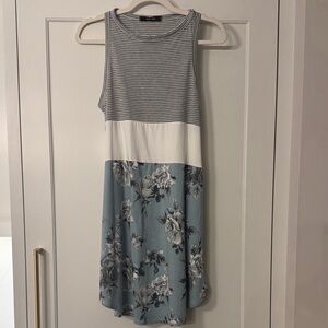 Gray Striped and Blue Floral Midi Dress